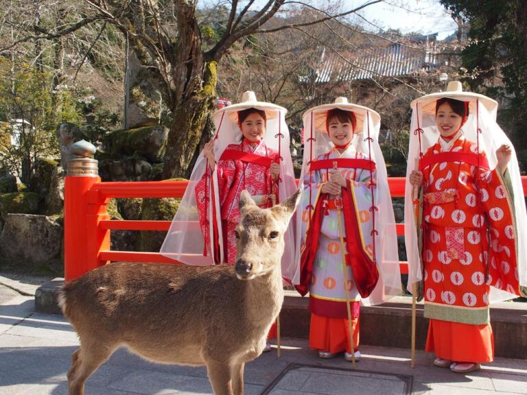 Three Japanese women in traditional attire pose beside a deer, creating a charming blend of culture and wildlife.